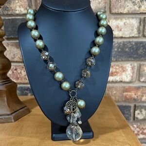 Light Amber Crystal & Green Iridescent Faux Pearl Necklace Tree Of Life Charm